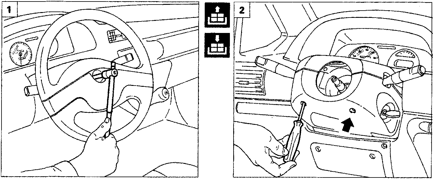 Diagram showing a hand using a tool on the steering column and a screwdriver removing a trim piece from the steering column shroud