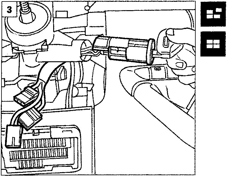 Diagram showing the wiring connections being disconnected and the ignition switch block being withdrawn from its seating