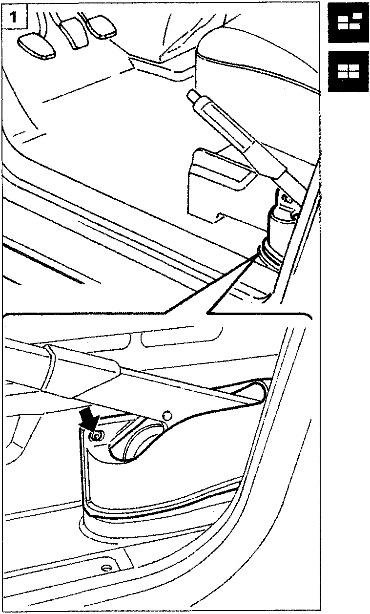 Diagram showing the location of the handbrake lever and the screw securing its cover, with an arrow pointing to the screw.