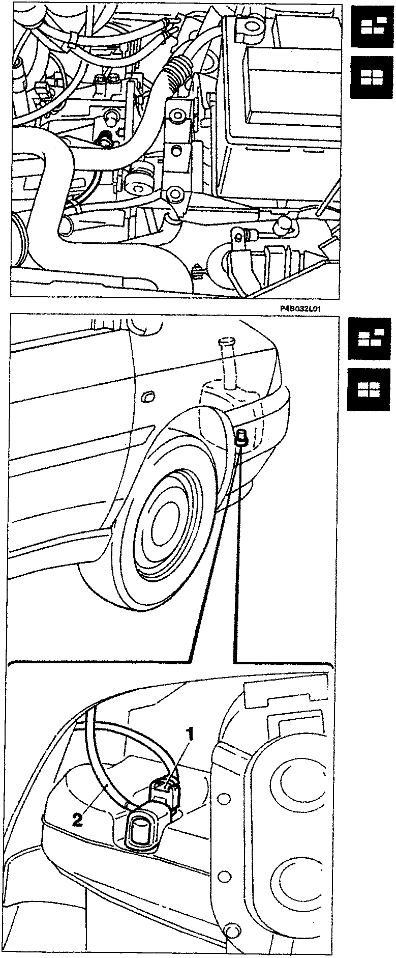 Diagram showing the engine bay area with various components and wiring, labeled P4B032L01