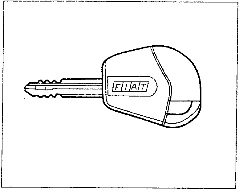 Line drawing of an ignition key with the FIAT logo on the head, identified as having a transponder.