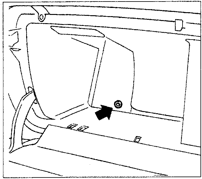 Diagram showing the inside of the glove compartment with a bolt securing a bracket indicated by an arrow