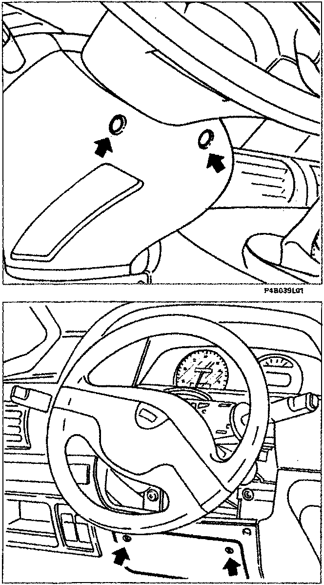 Diagram showing the upper trim area near the steering column with two bolts indicated by arrows