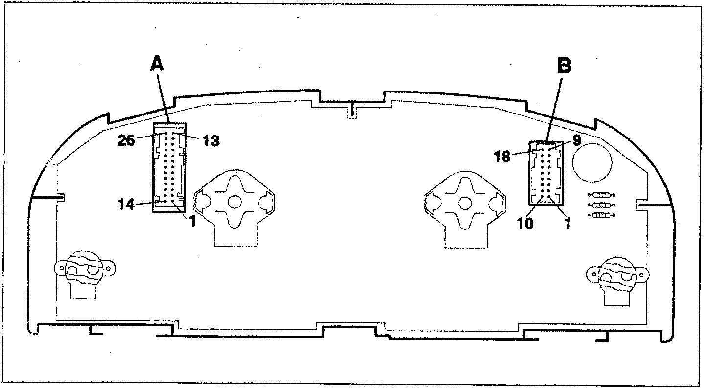 Rear view diagram of the instrument panel showing two connectors labeled A (26 pin) and B (18 pin), along with mounting points and internal components.