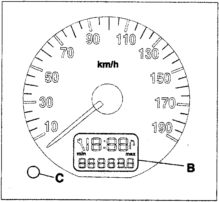 Instrument cluster speedometer dial with digital display showing min/max values, labeled with callouts B and C
