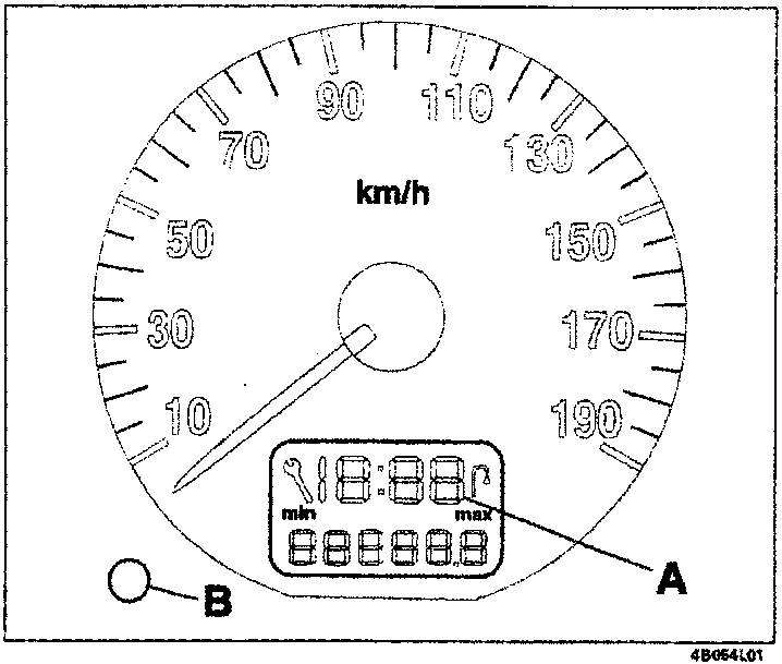 Diagram of the speedometer showing a digital time display labeled A and a button labeled B