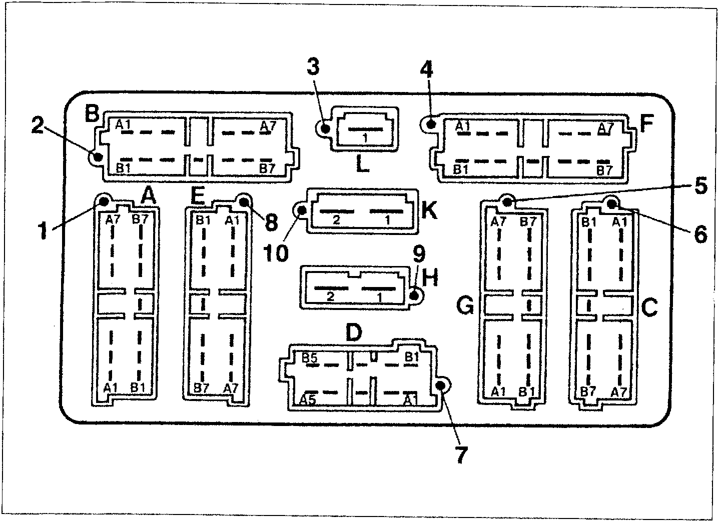Rear view diagram of the junction unit in the BF00 dashboard showing ten numbered connectors labeled A through L with pin references A1, B1, A5, A7, B5, and B7.
