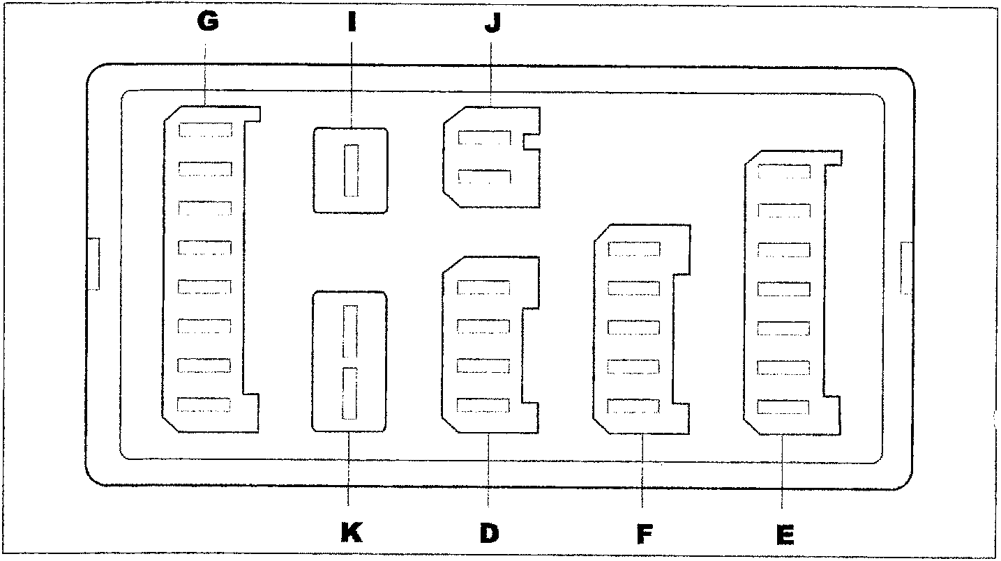 Diagram showing the layout of connectors G, I, J, K, D, F, E within the junction unit housing