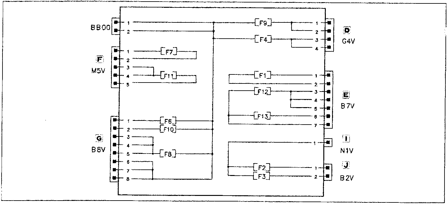 Schematic wiring diagram of the interior of junction unit BF01 showing connections between connectors BB00, M5V, B8V, G4V, B7V, N1V, and B2V via fuses F9, F4, F7, F1, F12, F13, F6, F10, F8, F2, F3