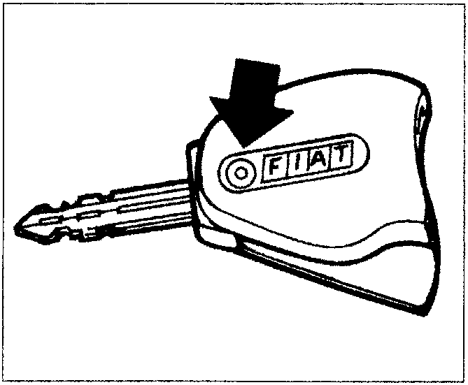 A Fiat car key with an arrow pointing downwards onto the manufacturer's logo on the key head