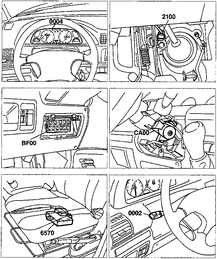 Four-panel diagram showing close-up views of the instrument cluster, steering column area, junction box, and dashboard components with callout numbers.