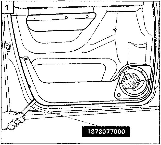 Diagram showing tool 1878077000 being used to release buttons on the interior door panel