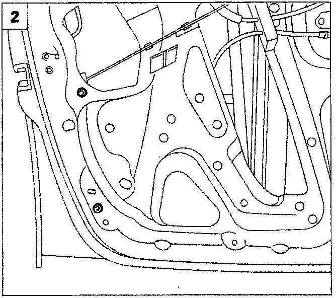 Diagram showing the internal components of a car door, specifically the upper section with bolts and linkages (P4B003M01)
