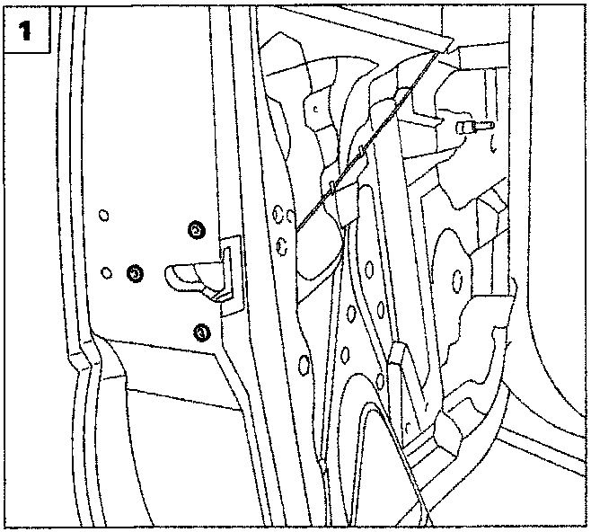 Diagram showing the internal mechanism of a car door, focusing on the window regulator guide and linkage (P4B003M02)