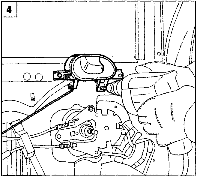 Diagram showing a hand using a tool to remove rivets from the door opening control lever (P4B003M04)