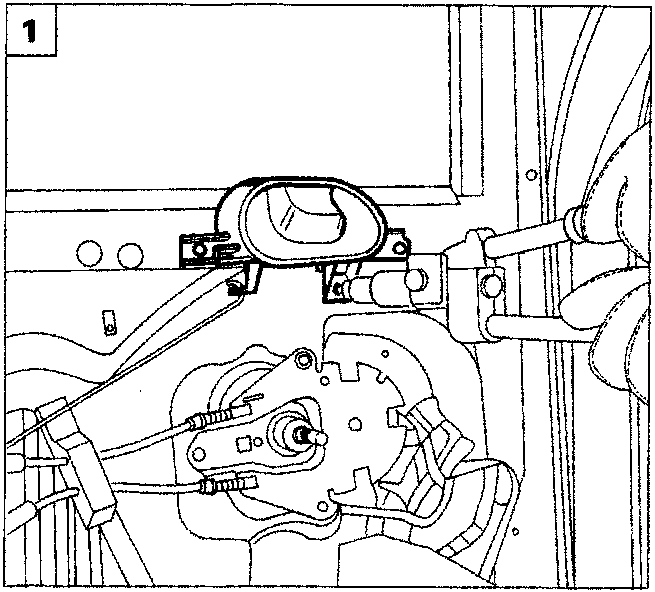 Diagram showing the interior mechanism of the front door, including the handle and locking components