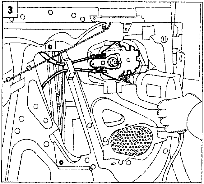 Diagram showing a hand using a tool to work on the door's internal window regulator mechanism