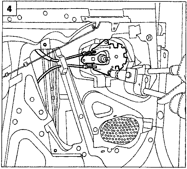 Diagram showing the window regulator mechanism inside the door with a speaker grille visible