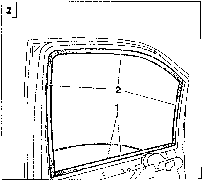 Diagram of a car door window frame showing two callout lines labeled 1 and 2, labeled P4B005M01