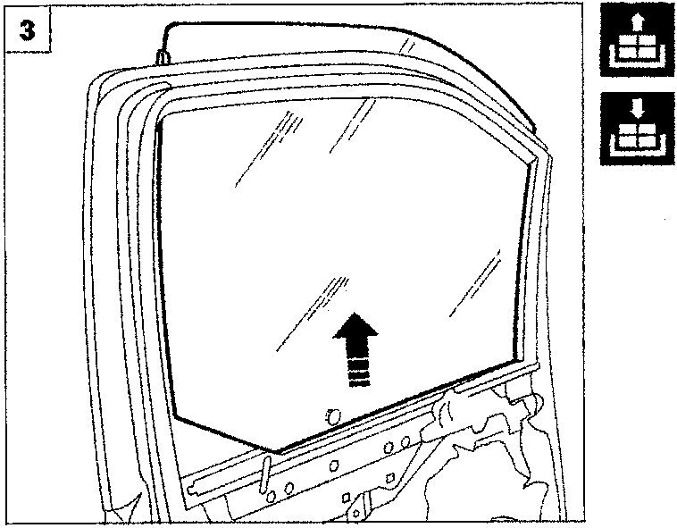 Diagram of a car door window being lifted upwards out of its housing, indicated by an arrow, labeled P4B005M02