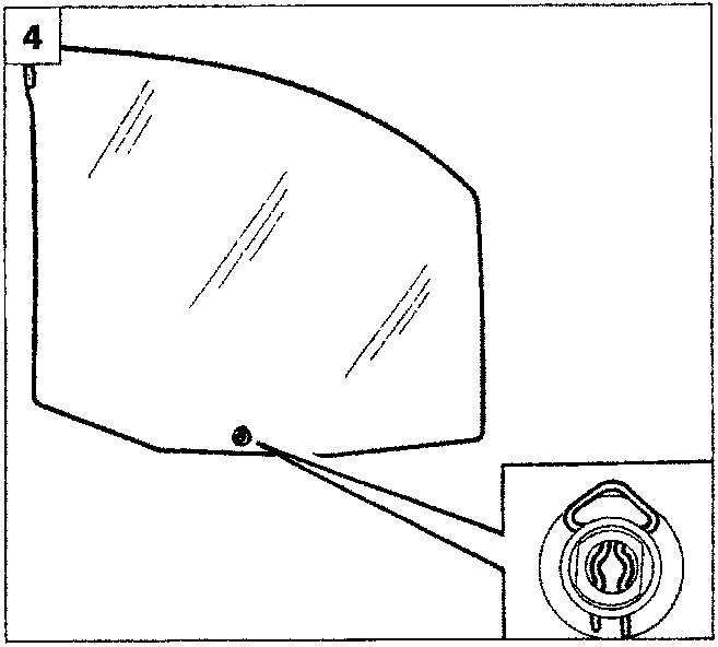 Diagram showing the removed window glass and a close-up detail of the clip mechanism, labeled P4B005M03