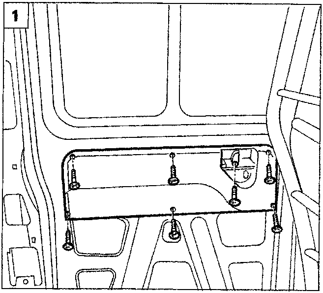Diagram showing the interior panel of a sliding side door with bolts securing it to the door frame.