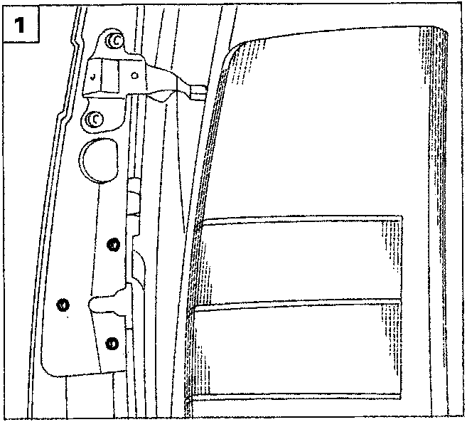 Diagram showing a power drill being used to remove bolts from the lock mechanism inside the door panel