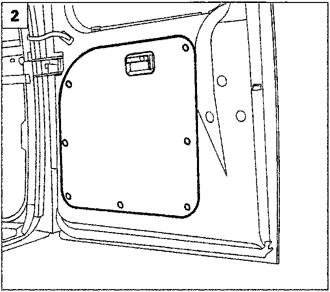 Diagram showing the inner structure of the rear door with the panel removed, revealing mounting points and an access cover