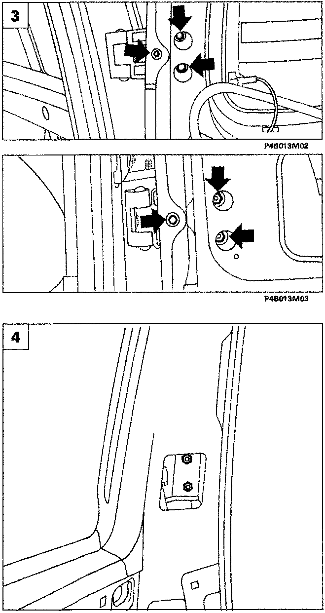 Diagram showing the hinge mounting bolts on the bodyshell and door