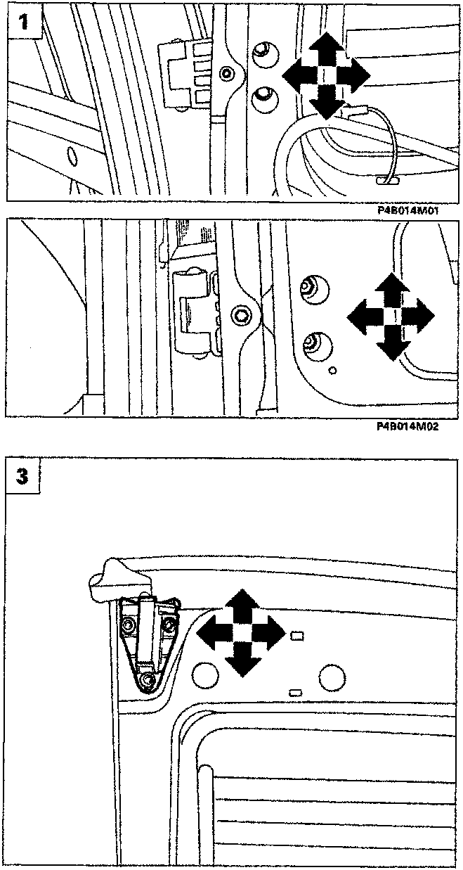 Diagram showing adjustment points on the rear door hinge and latch mechanism with directional arrows