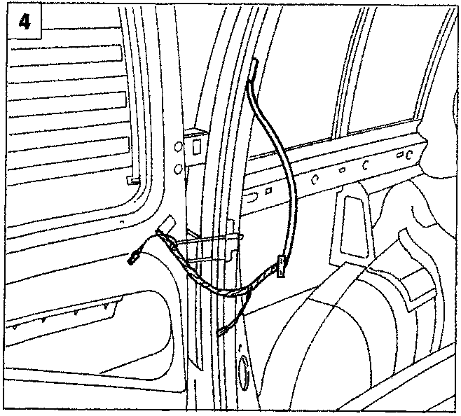 Diagram showing the rear pillar area with the rubber cable carrier being released and the wiring harness routed through the door.