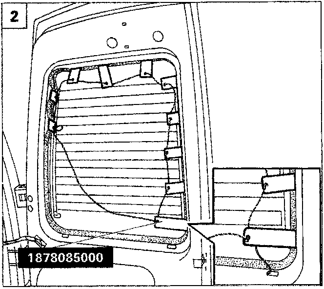 Diagram showing tool 1878085000 being used to separate the rearscreen trim from the housing