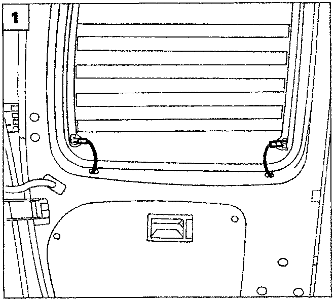Diagram showing the interior of a rear door with the rearscreen and trim assembly
