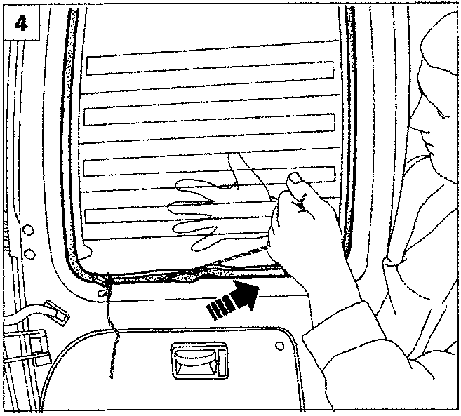 Diagram showing a person using a tool to fit the rearscreen trim into the door housing