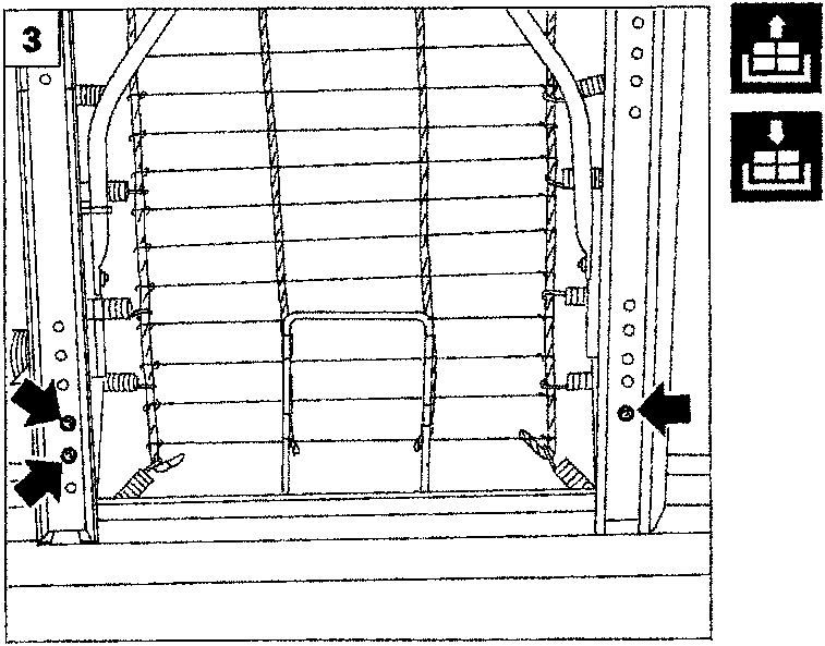 Diagram showing the underside of the seat frame with arrows pointing to bolts on both sides.