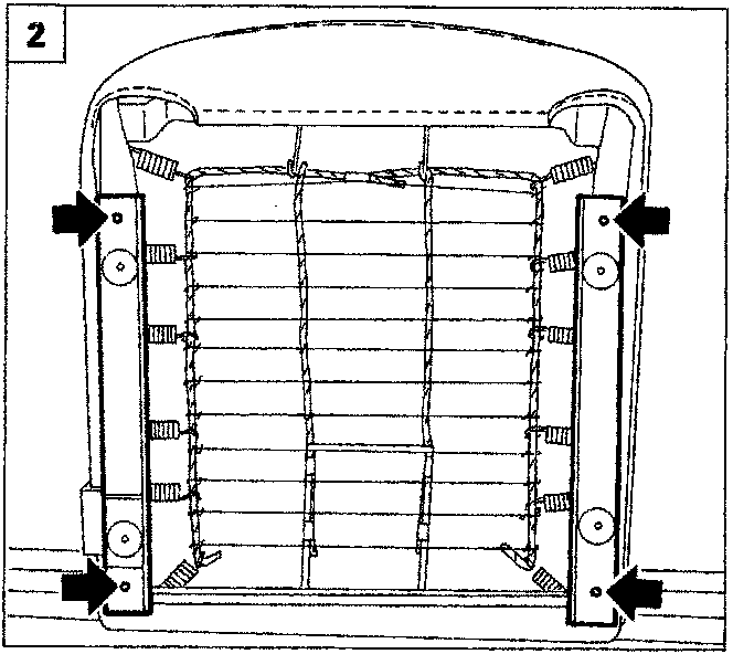 Rear view of a seat frame with arrows pointing to four mounting points on vertical rails