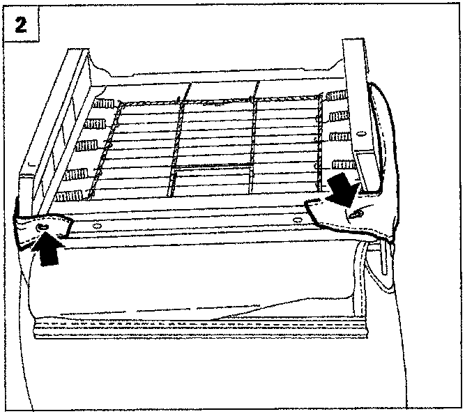 Diagram showing the underside of a seat backrest with arrows indicating upward and downward movement of the slats.