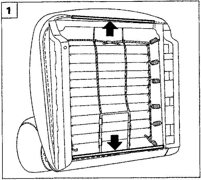 Diagram showing the underside of a seat cushion frame with arrows pointing to anchorage points on the side rails.