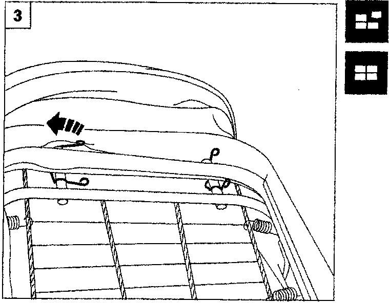 Diagram showing the release of springs by rotating them through around 90° in the direction shown by the arrow to remove the head restraint and upholstery cover.