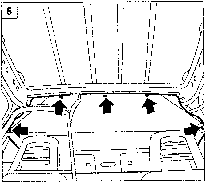Diagram showing the rear interior view with arrows indicating the roof lining extraction points