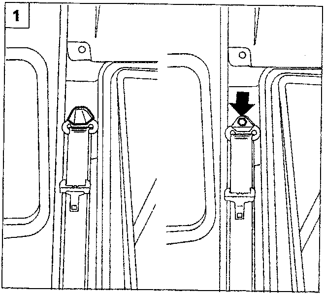 Diagram showing the upper seat belt anchor point on the vehicle pillar with a downward arrow indicating removal direction.