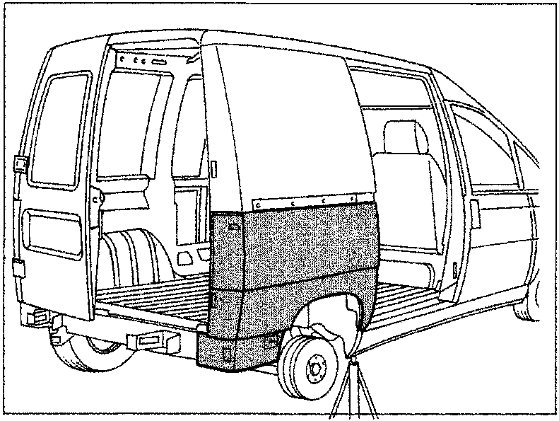 Line drawing of the rear section of a van showing the partial rear wing panel highlighted in dark shading around the wheel arch and lower side body.