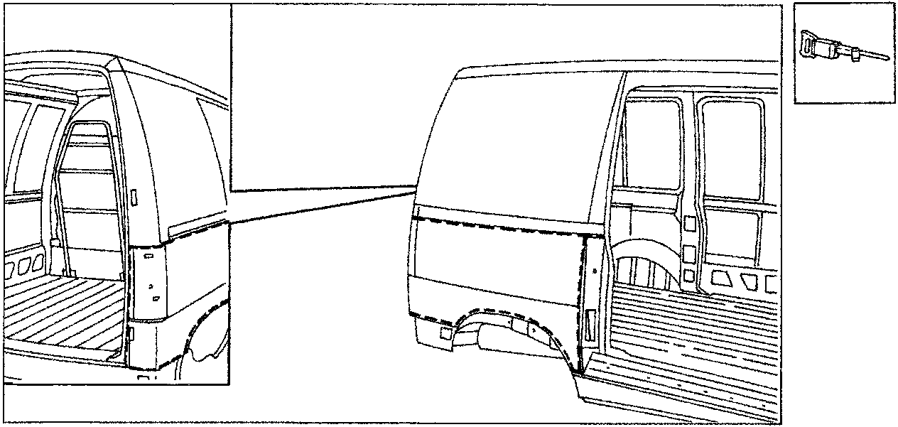 Diagram showing the dotted cut lines on the rear wing of the vehicle and a pneumatic saw tool.
