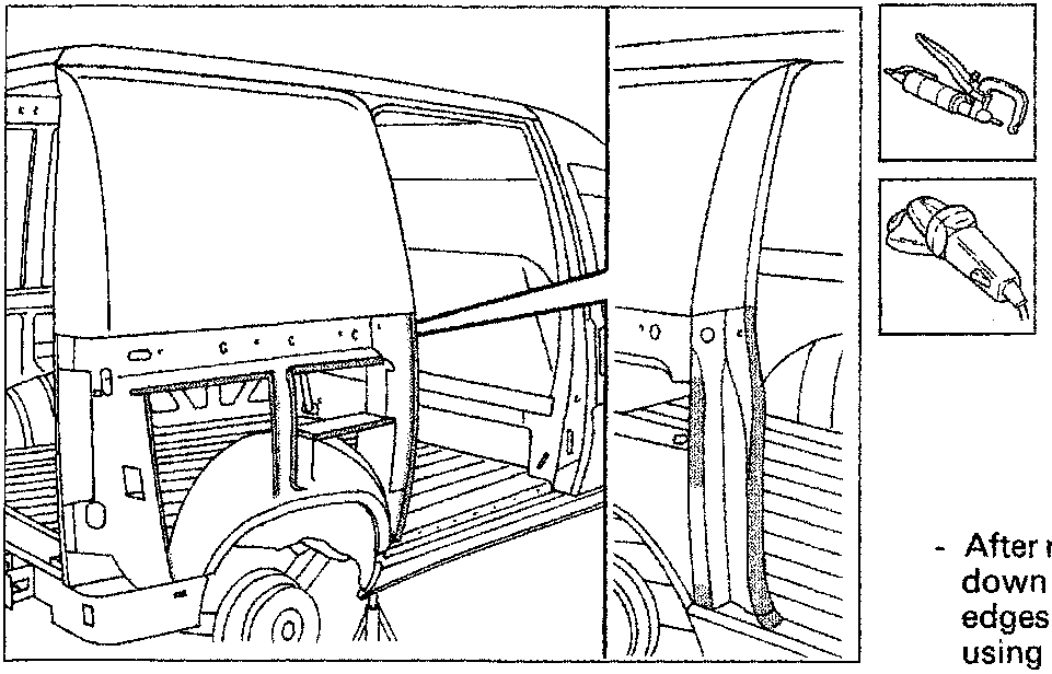 Diagram showing the removed rear wing panel, spot weld locations, and tools (pliers and grinder) used for removal and finishing.