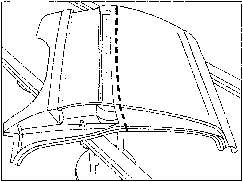 Diagram showing a vehicle body panel with a dashed cut line and surplus material at the top edge