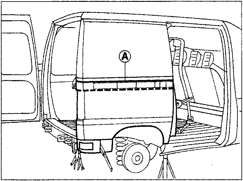Rear view of a van showing a rear panel being positioned with a horizontal mark labeled (A) across the body shell