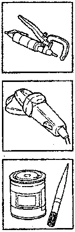 Three icons: a pneumatic nibbler, an angle grinder, and a can of solvent with a brush