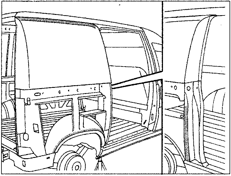 View of the vehicle interior showing the rear pillar and door sill area where the panel has been cut out