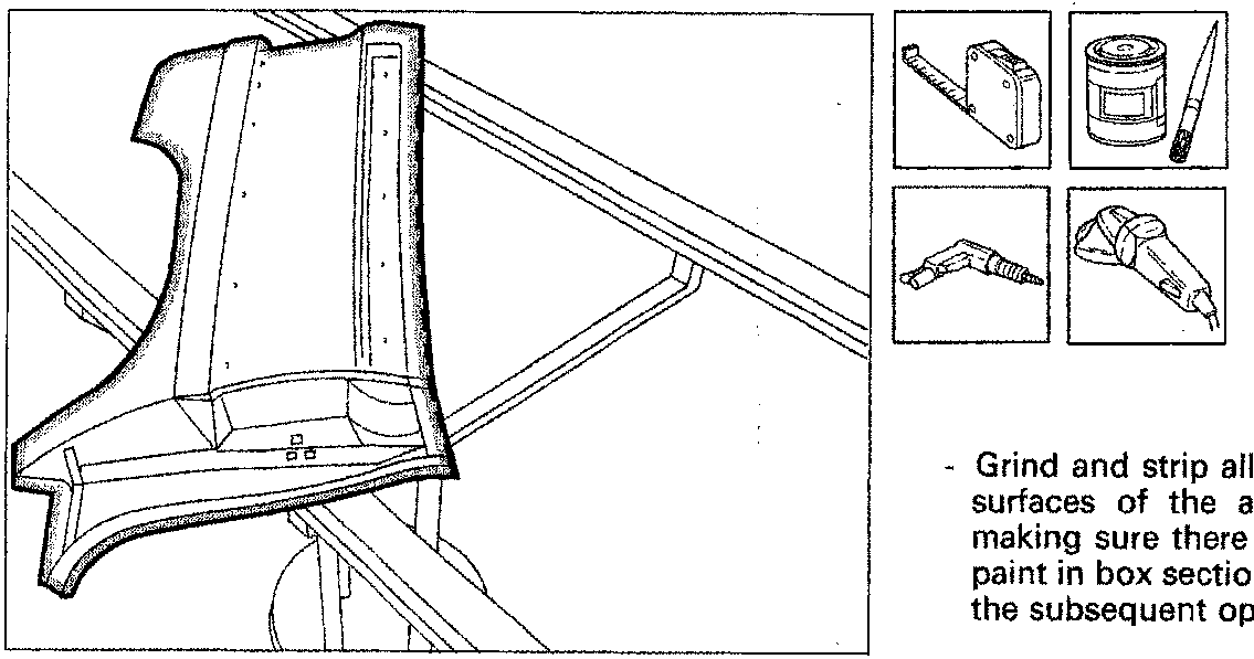 Diagram showing a vehicle body panel being prepared for welding, with inset images of tools including a measuring tape, paint can, brush, bead welder, and grinder