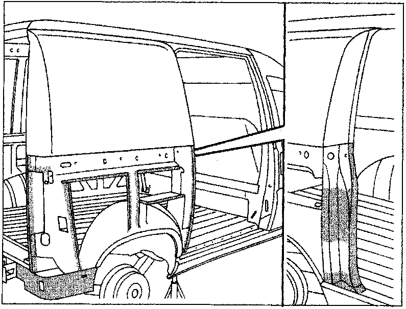 Diagram showing the installation of a body panel onto the vehicle frame
